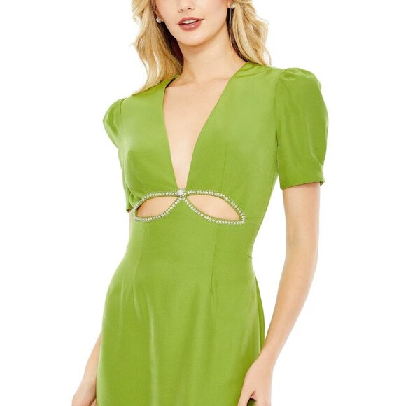 NWT Mac Duggal Plunge Neck Puff Sleeve Cut Out Gown Apple Green 8 - Picture 3 of 9